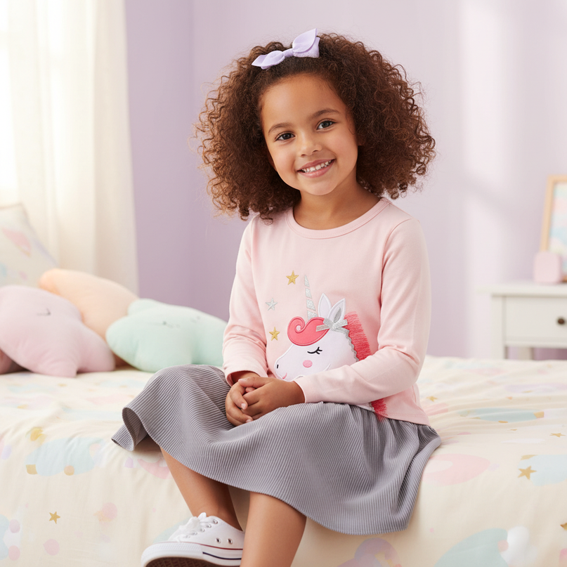 pink unicorn long sleeve applique dress - sitting