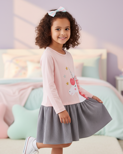 pink unicorn long sleeve applique dress - three-quarter