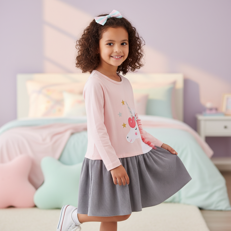 pink unicorn long sleeve applique dress - three-quarter