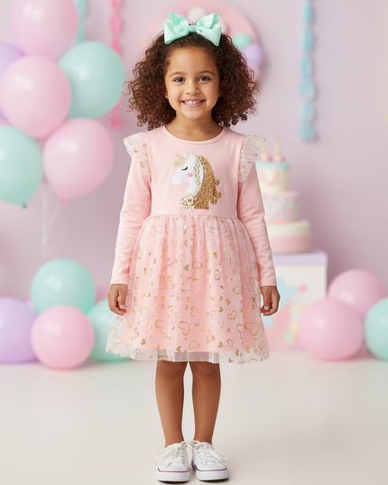 pink unicorn long sleeve tulle dress - detail