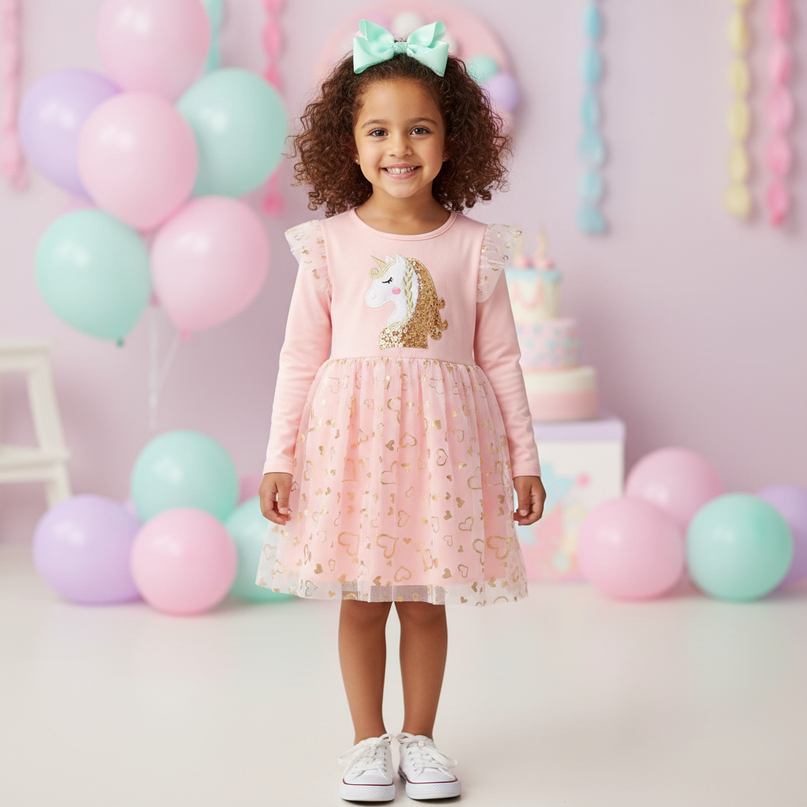 pink unicorn long sleeve tulle dress - detail
