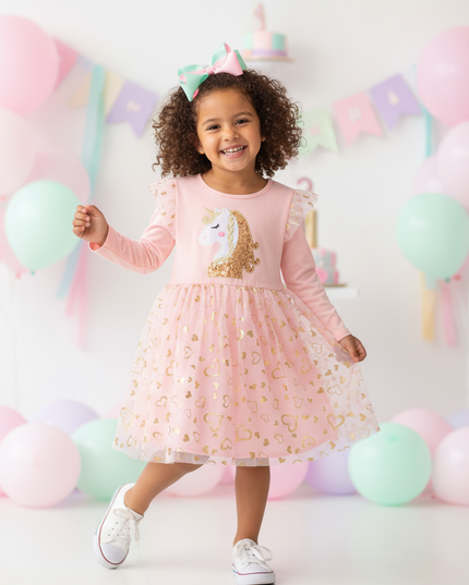 pink unicorn long sleeve tulle dress - front