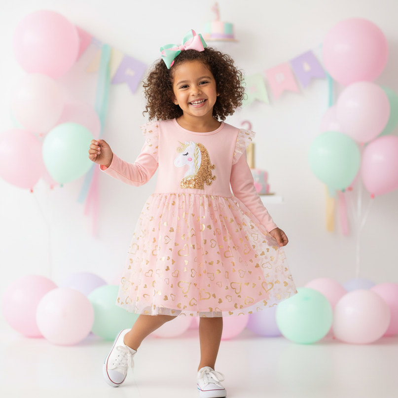 pink unicorn long sleeve tulle dress - front