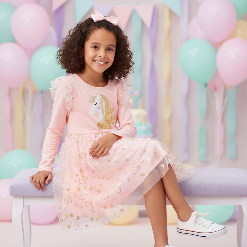 pink unicorn long sleeve tulle dress - sitting