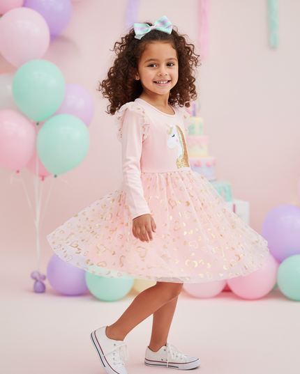 pink unicorn long sleeve tulle dress - three-quarter