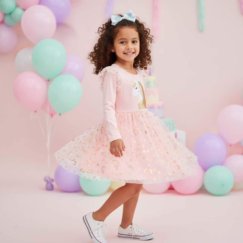 pink unicorn long sleeve tulle dress - three-quarter
