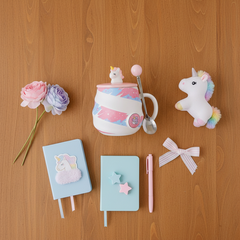 pink unicorn coffee mug - flat-lay