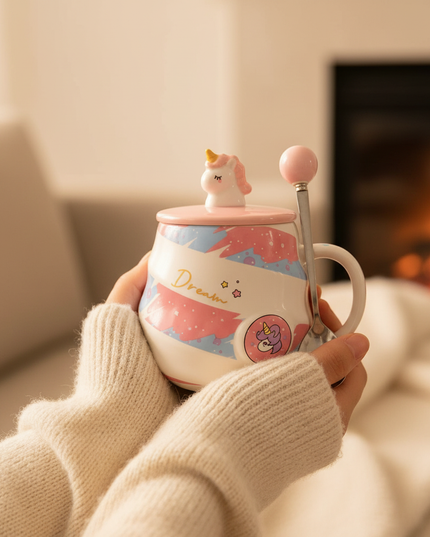 pink unicorn coffee mug - in-use