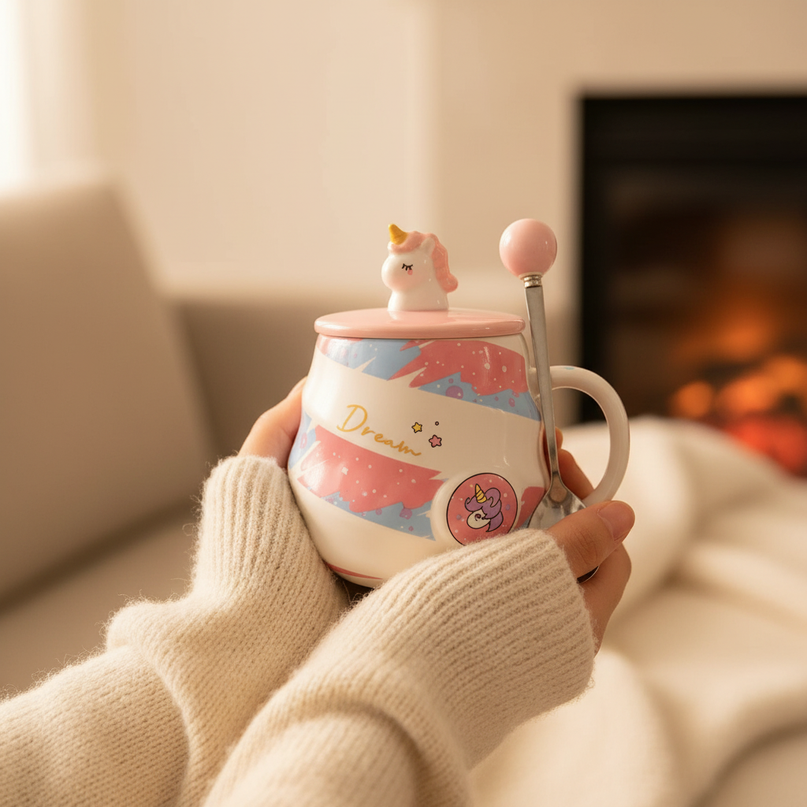 pink unicorn coffee mug - in-use