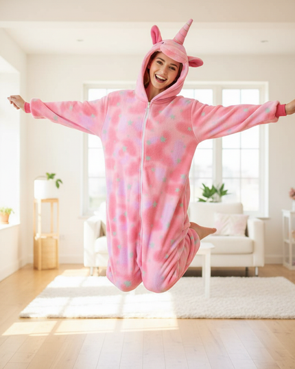 pink unicorn onesie for adults - in-use