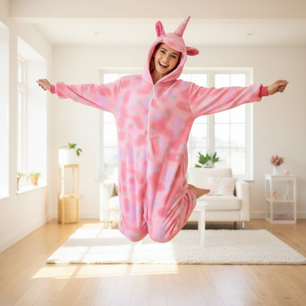pink unicorn onesie for adults - in-use
