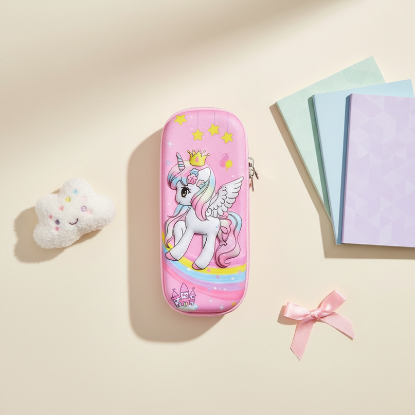 pink unicorn pencil case - flat-lay