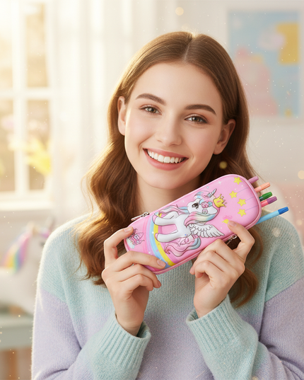 pink unicorn pencil case - in-use