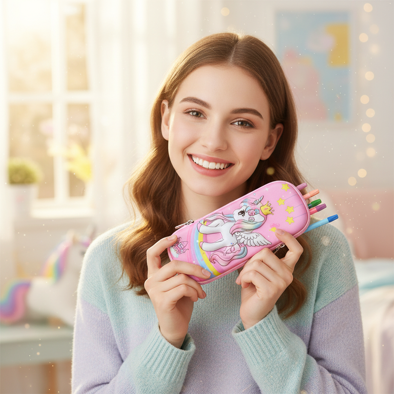 pink unicorn pencil case - in-use