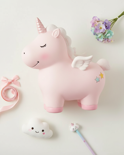 pink unicorn piggy bank - flat-lay