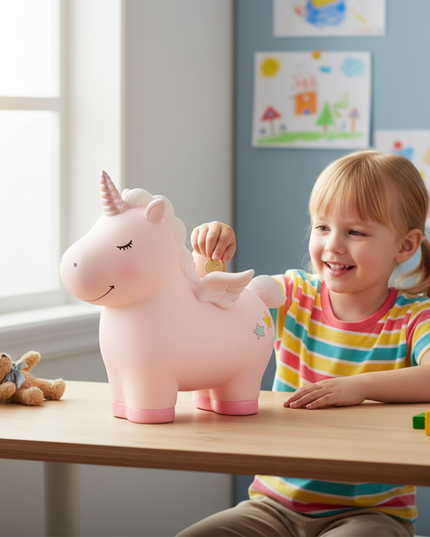 pink unicorn piggy bank - in-use