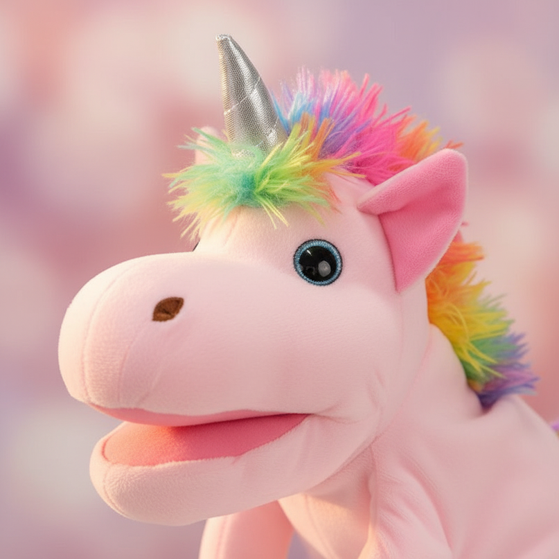pink unicorn plush puppet - detail