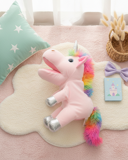 pink unicorn plush puppet - flat-lay