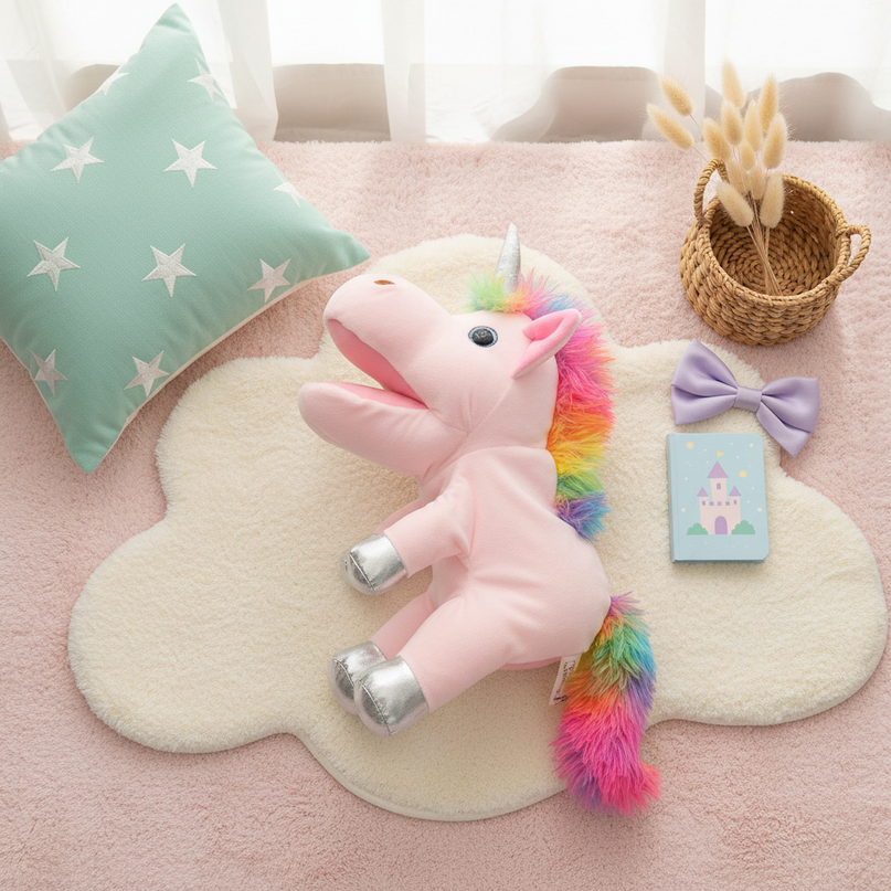 pink unicorn plush puppet - flat-lay