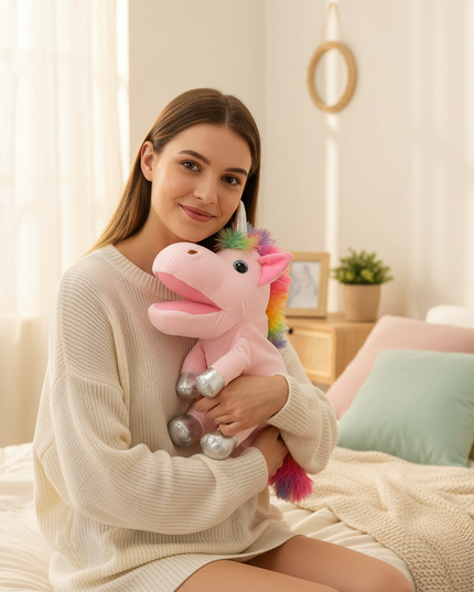 pink unicorn plush puppet - in-use