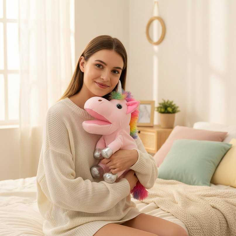 pink unicorn plush puppet - in-use