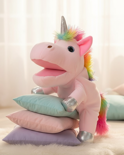 pink unicorn plush puppet - lifestyle