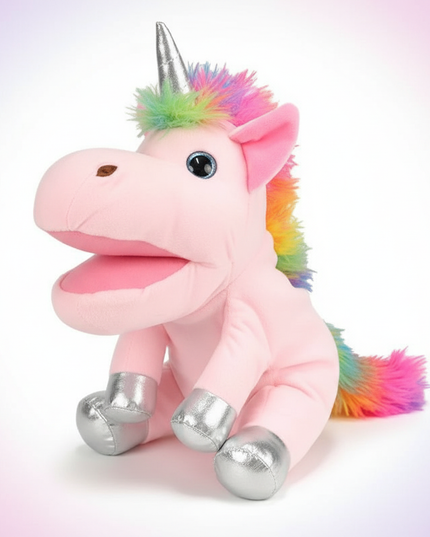 pink unicorn plush puppet - white-bg