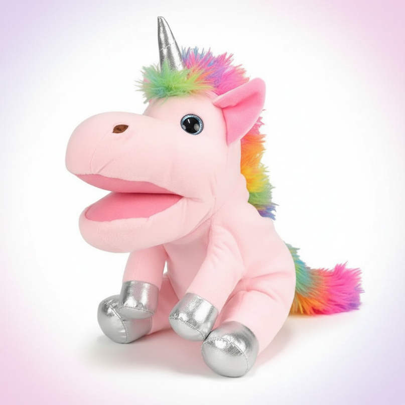 pink unicorn plush puppet - white-bg