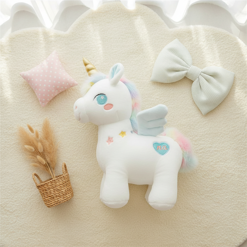 pink unicorn plush stuffed animal - flat-lay