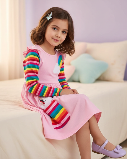 pink unicorn pocket dress - sitting