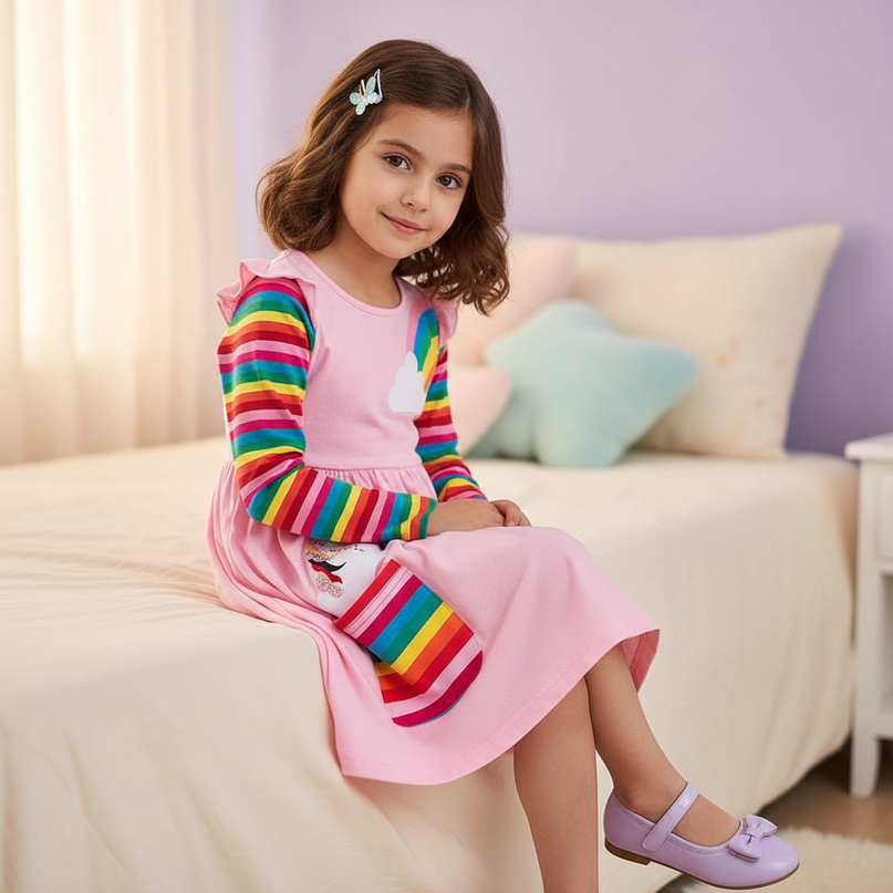 pink unicorn pocket dress - sitting