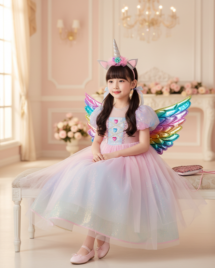 pink unicorn princess dress set - sitting
