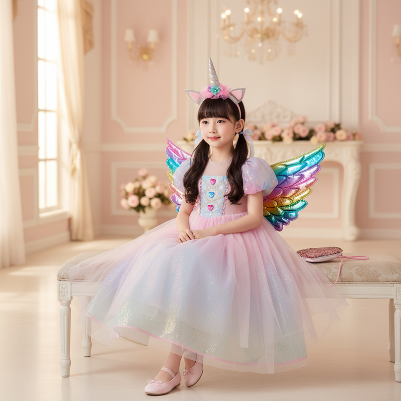 pink unicorn princess dress set - sitting