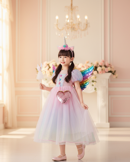 pink unicorn princess dress set - three-quarter