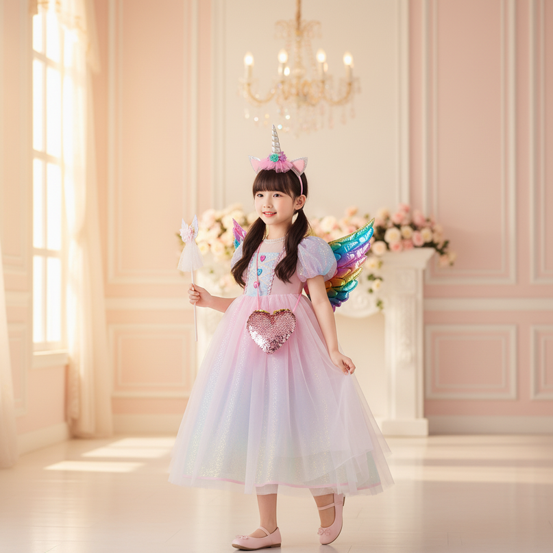 pink unicorn princess dress set - three-quarter