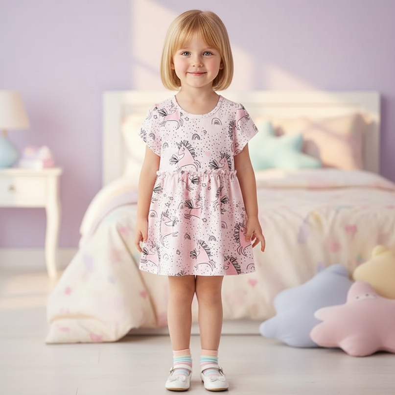 pink unicorn print dress - detail