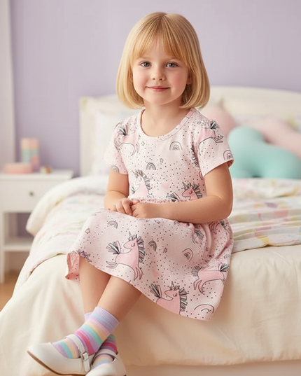 pink unicorn print dress - sitting