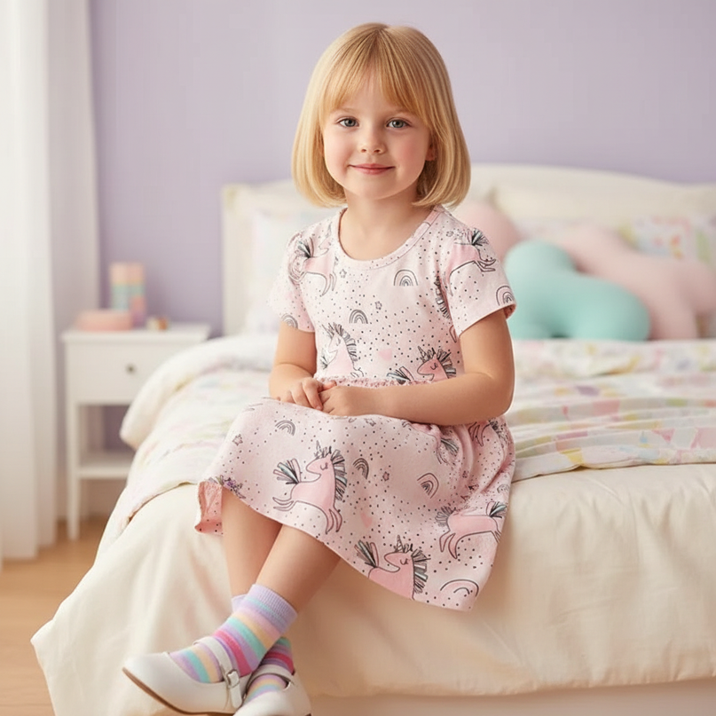 pink unicorn print dress - sitting