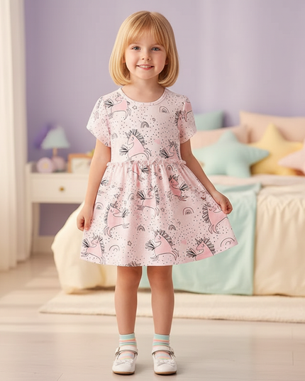pink unicorn print dress - three-quarter
