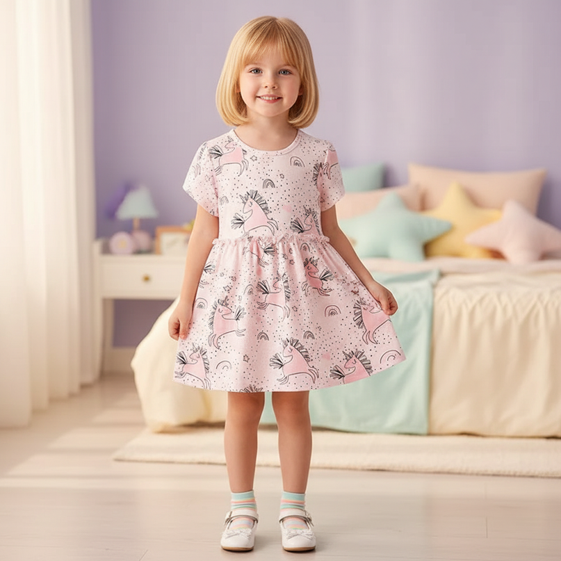 pink unicorn print dress - three-quarter