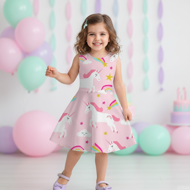 pink unicorn print skater dress - front