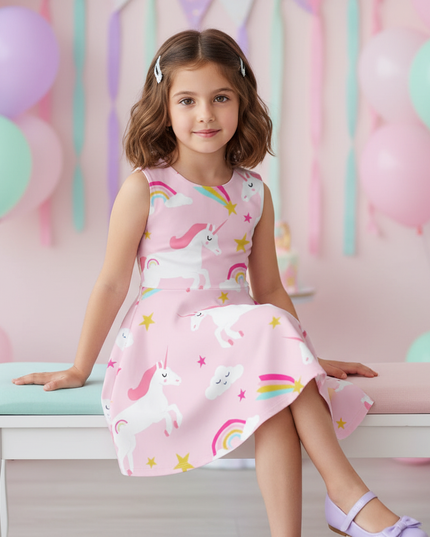 pink unicorn print skater dress - sitting