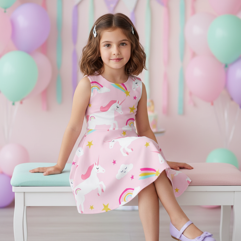 pink unicorn print skater dress - sitting