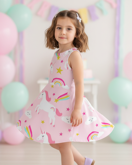 pink unicorn print skater dress - three-quarter