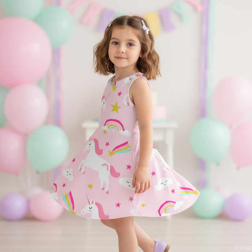 pink unicorn print skater dress - three-quarter