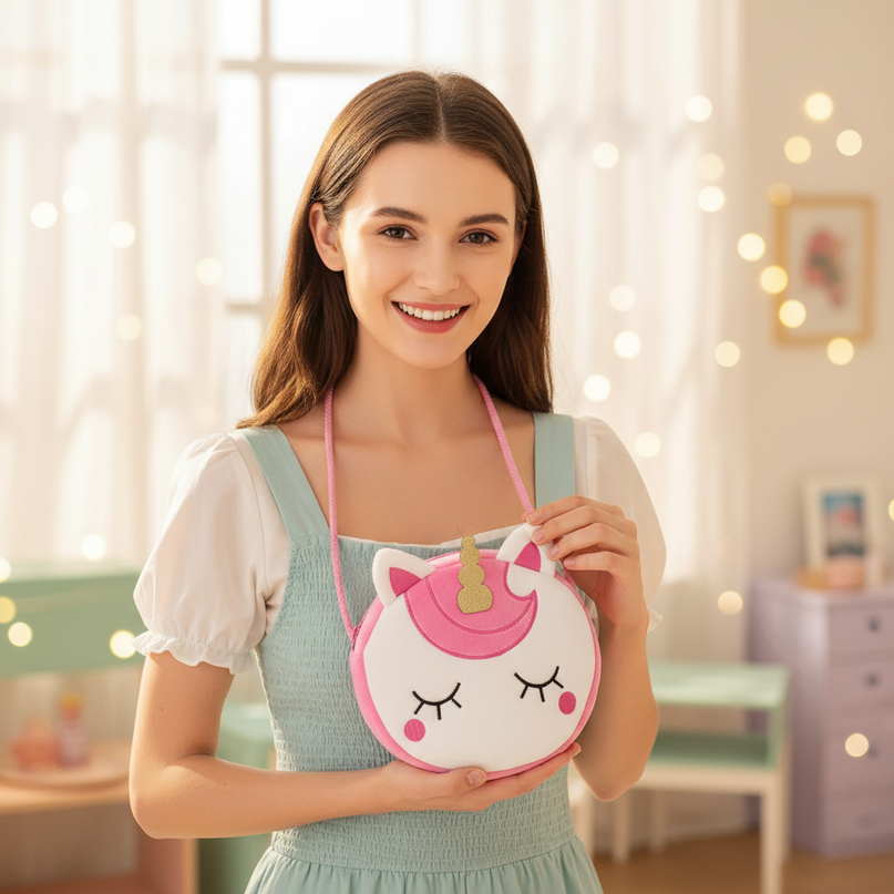 pink unicorn purse - in-use