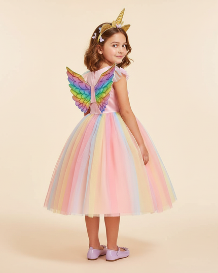 pink unicorn rainbow dress set with wings - back