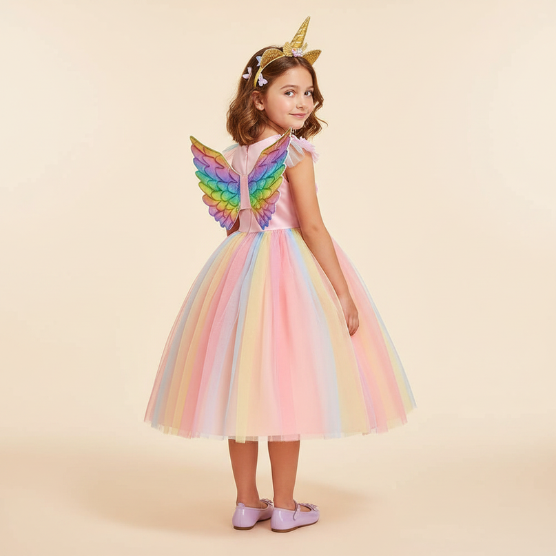 pink unicorn rainbow dress set with wings - back