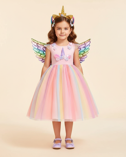 pink unicorn rainbow dress set with wings - detail