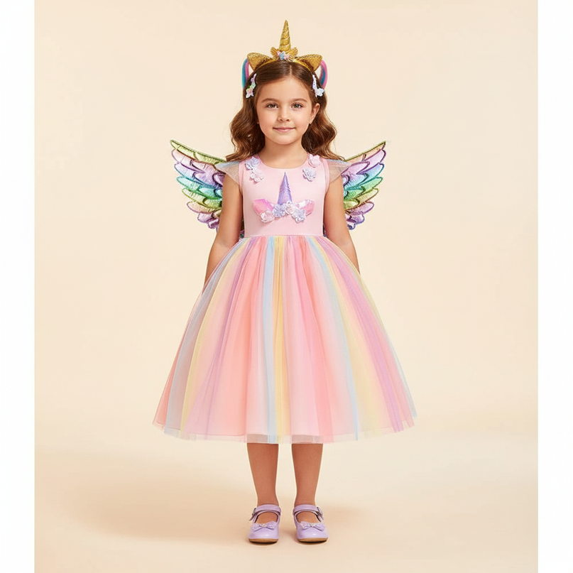 pink unicorn rainbow dress set with wings - detail